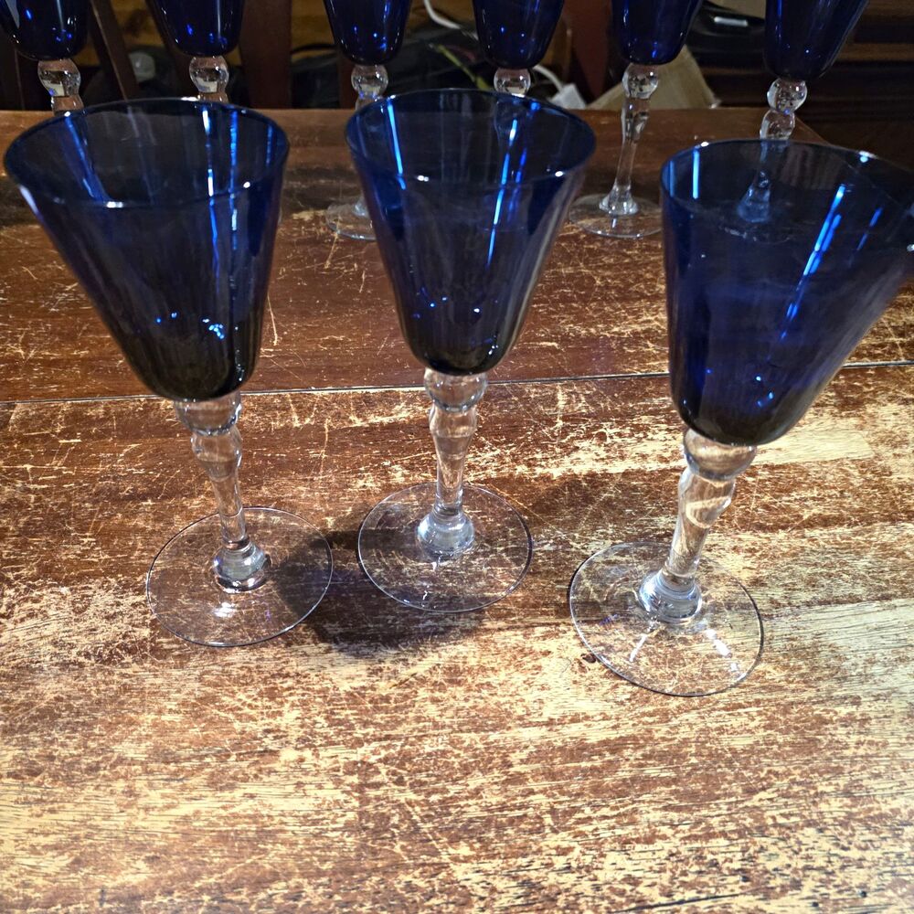 Vintage Huntington Glass Co Cobalt Blue Water Goblets 7.5" Clear Stem - Set of 3